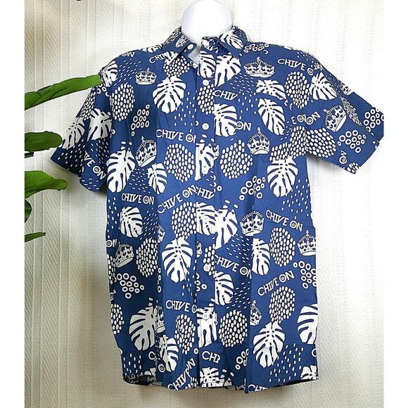 Tipsy Elves Blue Hawaiian "Chive On" Short Sleeve Button Up Shirt-Men's Medium - Picture 1 of 7